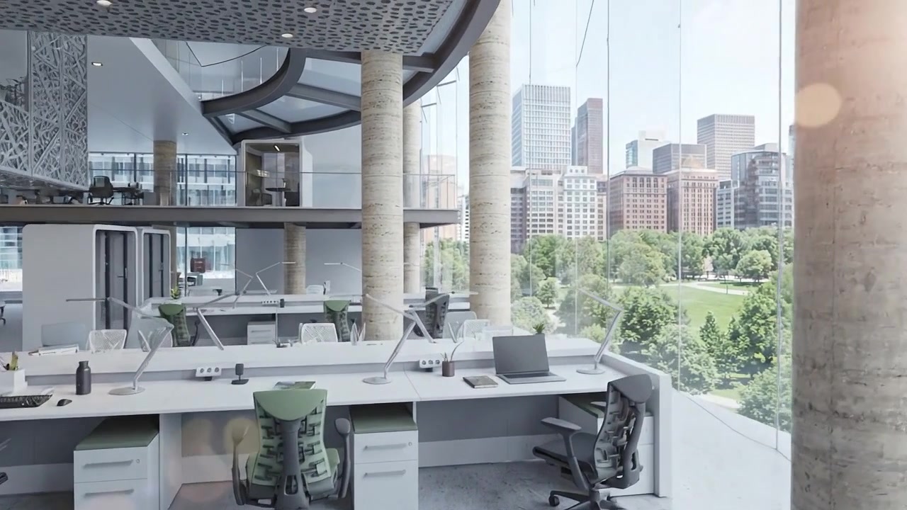 Pátio corporativo minimalista com área de lounge