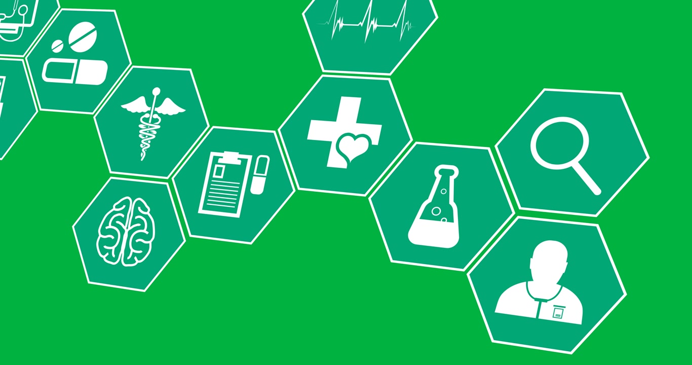 Animazione digitale di icone mediche multiple su forme esagonali verdi su sfondo nero