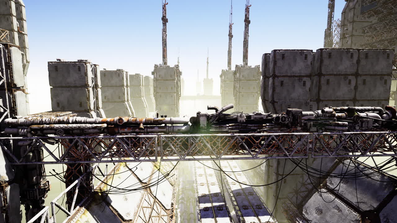 Paesaggio industriale futuristico con strutture imponenti e dettagli