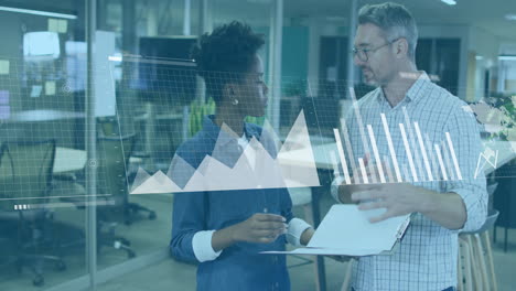 discussing data analytics with graphs overlay, business professionals in modern office