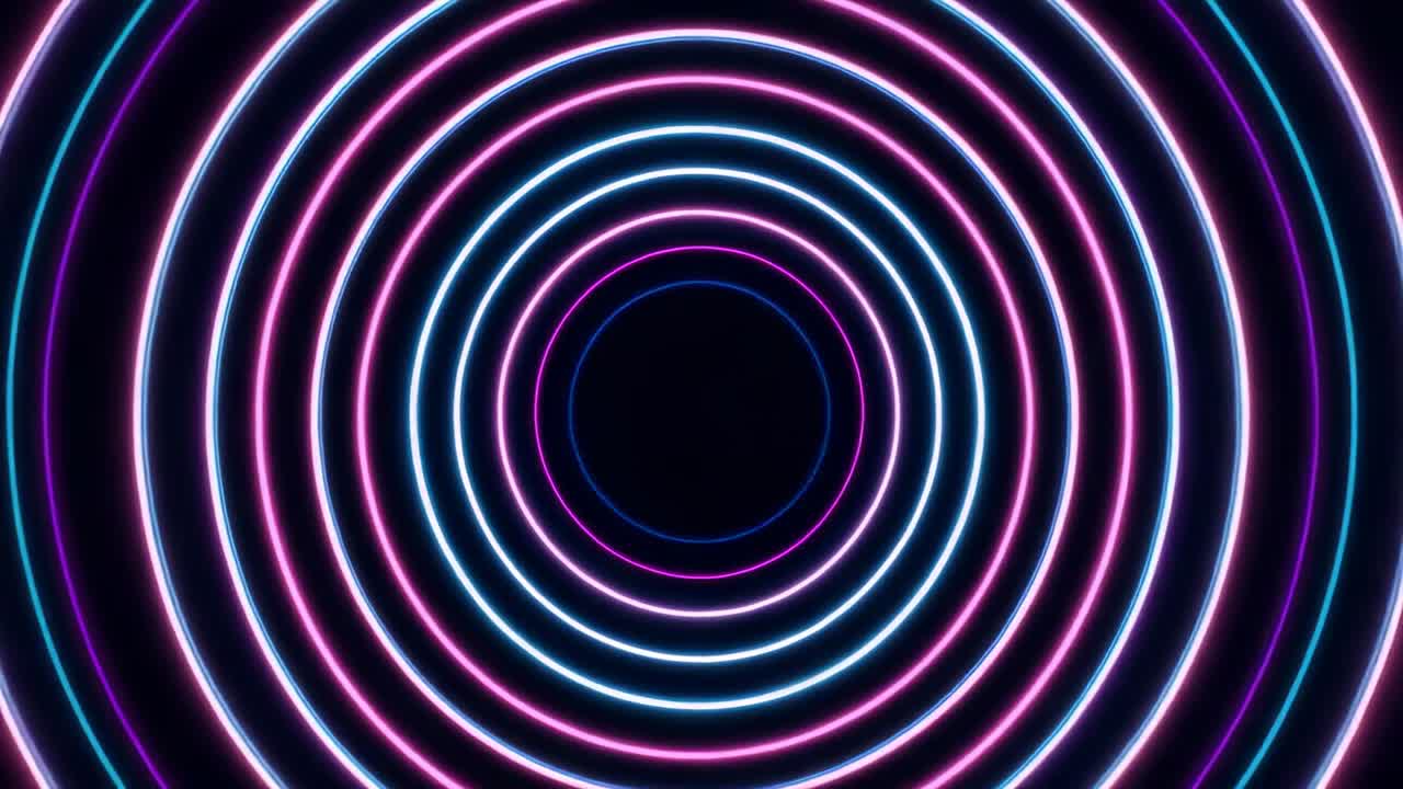 Starting neon circle in void, forming neon rings and shifting magenta cyan arcs traveling clockwise