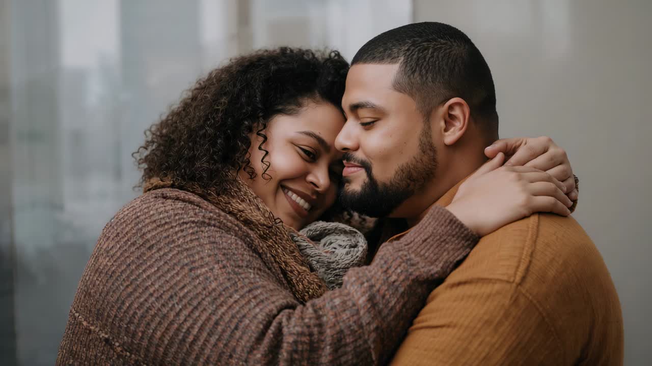 Wrapping woman embracing man, leaning heads at window sharing love, brown knit, grey wrap, mustard