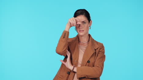 business woman, loser and hand sign on head