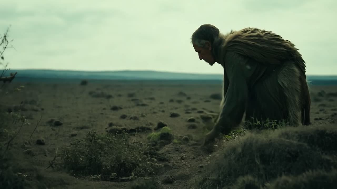 Un anziano si inginocchia in un campo, lavorando la terra