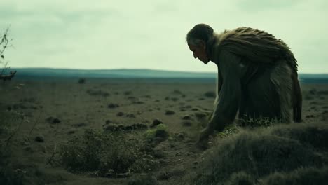 an old man kneels in a field, working the soil