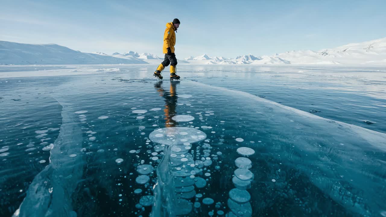 A solitary figure in a vibrant yellow jacket traverses the crystalline blue ice surface, surrounded by captivating patterns and bubbles in a serene winter landscape