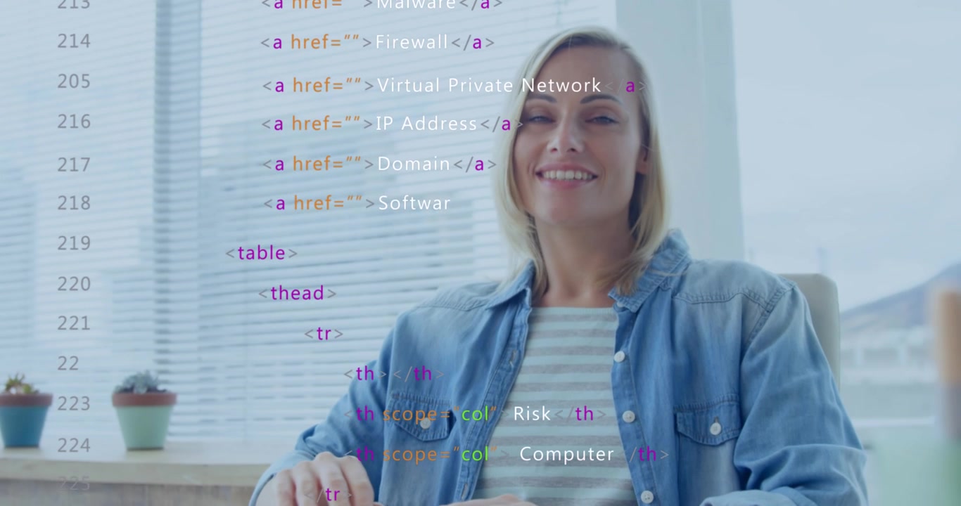 Animación de lenguaje informático multicolor, mujer caucásica cerrando la tapa del portátil después de terminar el trabajo.