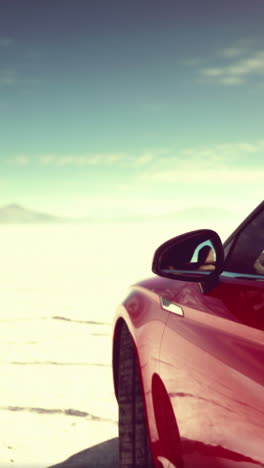 coche rojo en una vasta llanura de sal
