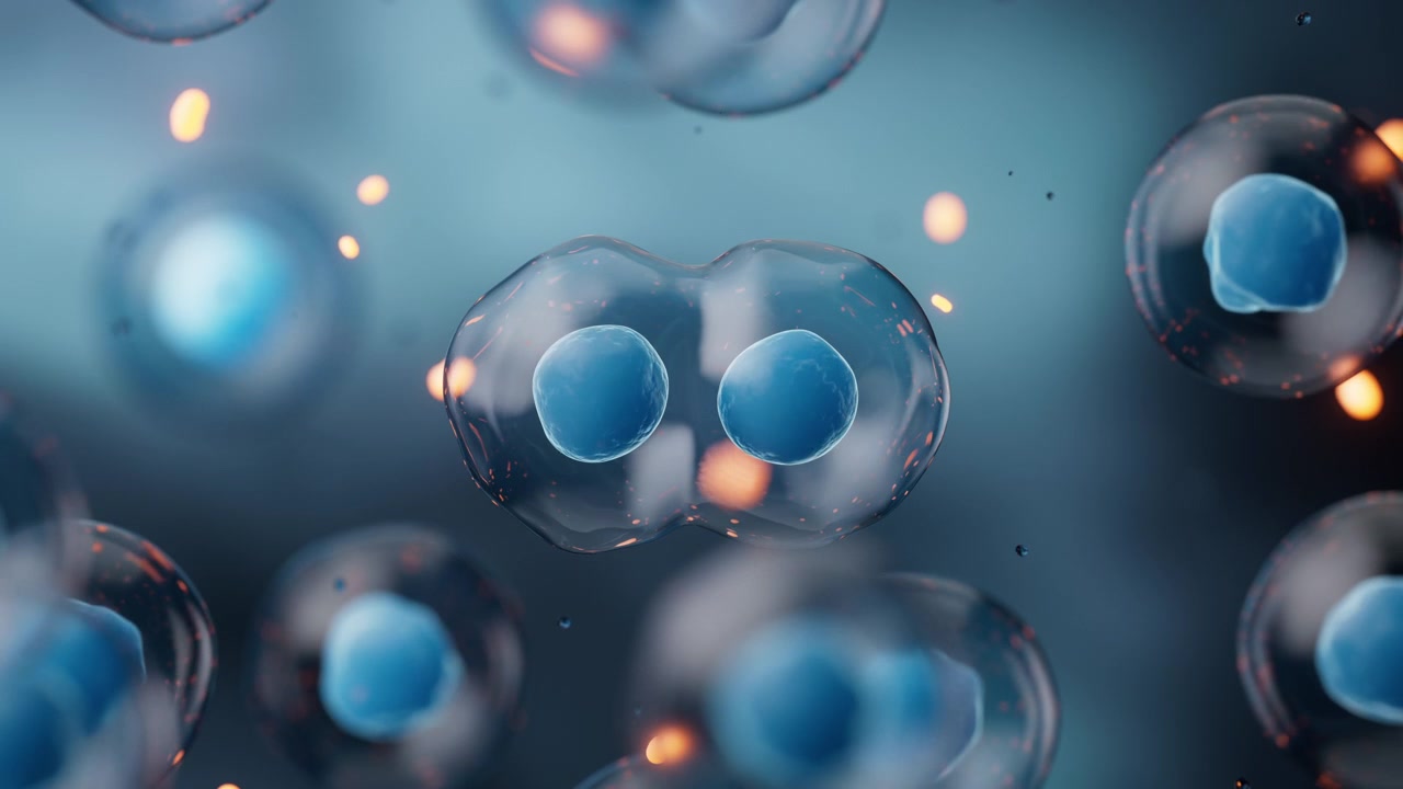 Mitose de células com conceito de biotecnologia, renderização 3D