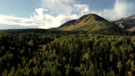 flying over a forested valley towards a mountain peak with autumn colors in the aspens