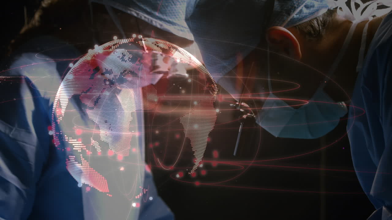 animación del globo con red de conexiones sobre cirujanos en el quirófano