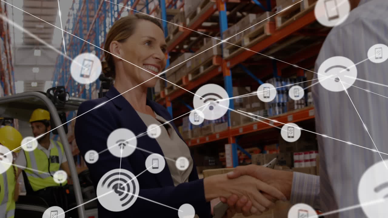 анимация сетевых соединений с иконами приема wi-fi с рукопожатием на заднем плане