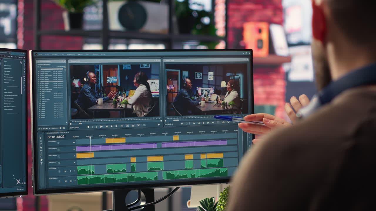 Video editors team working with AI chatbot and montage maker software