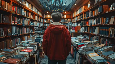 young person in a library or bookstore