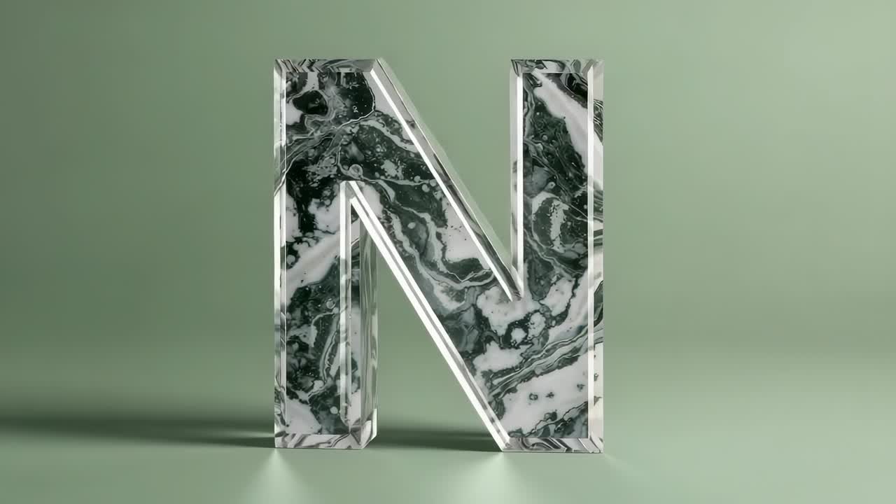 Starting marble 3D letter N rotating on green backdrop, revealing veins with blue highlights