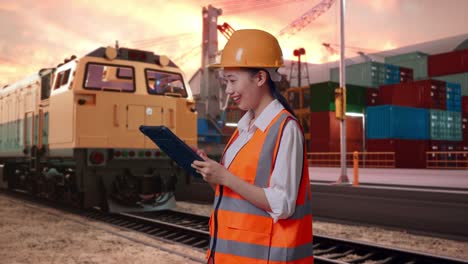 side view of asian female engineer with safety helmet looking at the tablet in her hand and looking around with freight cargo train at port