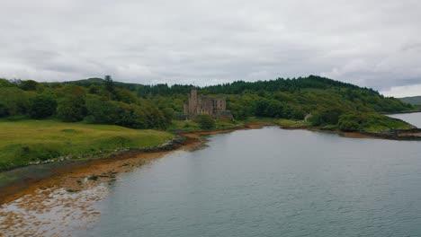 Aerial-View-of-Scottish-Coast-Flying-Towards-Castle-on-Isle-of-Skye,-Scottish-Highlands,-Scotland,-United-Kingdom