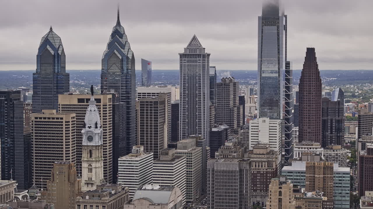Philadelphia Pennsylvania Aerial v194 flyover city center capturing downtown cityscape with historic buildings and modern skyscrapers under overcast sky - Shot with Mavic 3 Pro Cine - Sept 29th 2023