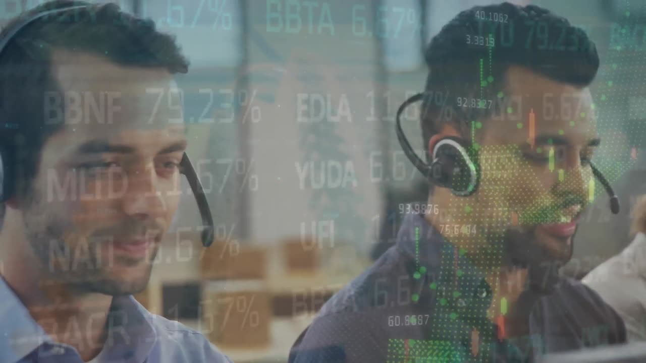 Animation of trading board and graphs over diverse agent wearing headphones and working on computer