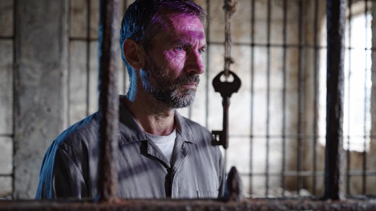 Un uomo solitario si trova in una cella di prigione scarsamente illuminata, dipinta con colori vivaci, contemplando il suo destino mentre proietta ombre attraverso le sbarre di ferro della sua gabbia.
