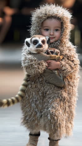 a child model dressed in an adorable animal costume at a vibrant fashion show event