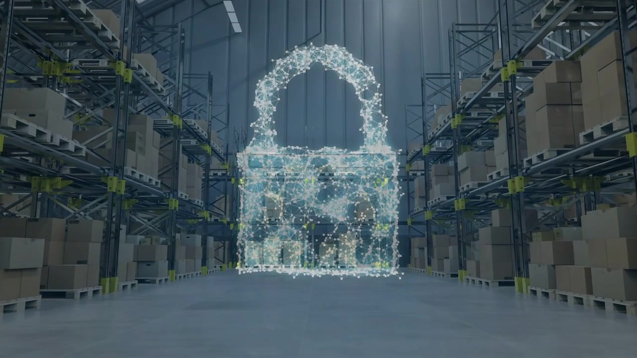 Sparks scattering, rising, forming padlock then shifting into hovering shield representing security