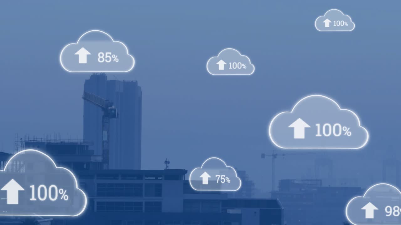 Upon cloud icons appearing over blue skyline, icons updating percentages to show full completion