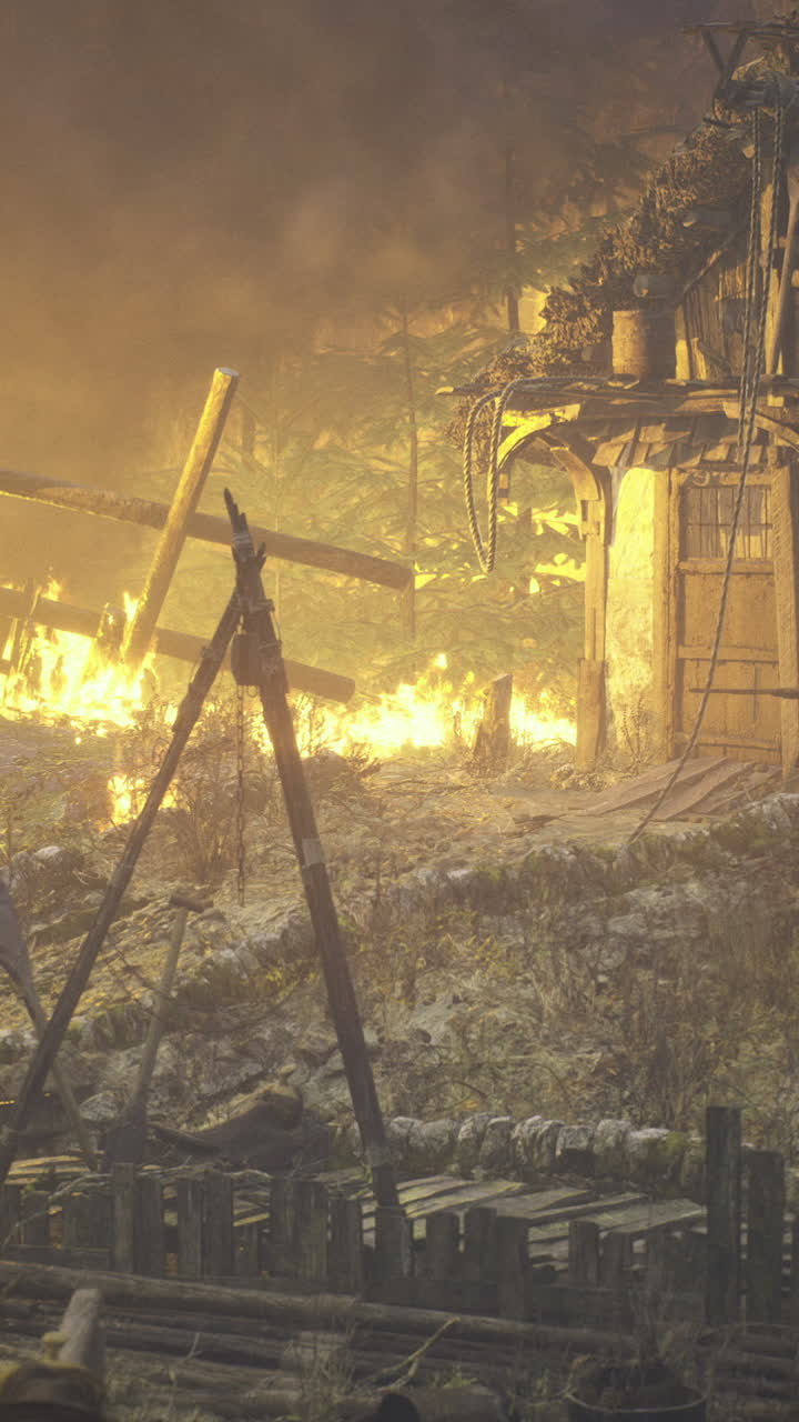 Destruction and chaos reign in a rural settlement engulfed in flames