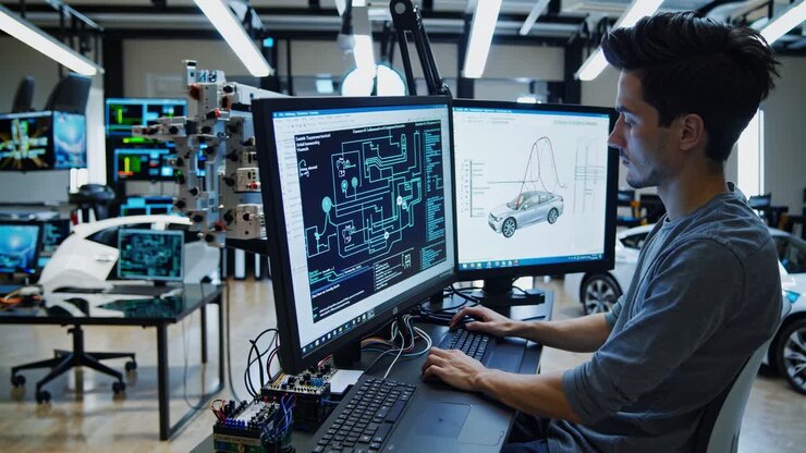 Engineer working on a computer in a technology lab