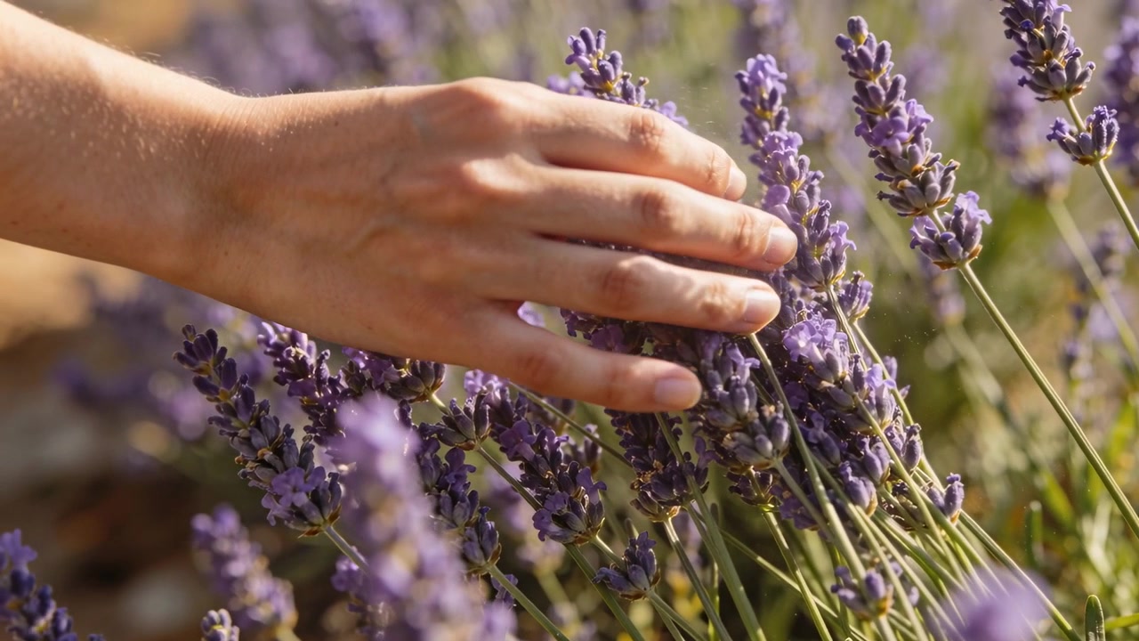 Da sinistra si avvicina una mano destra che raccoglie lavanda in un punto soleggiato, formando un mazzetto, avambraccio nudo.