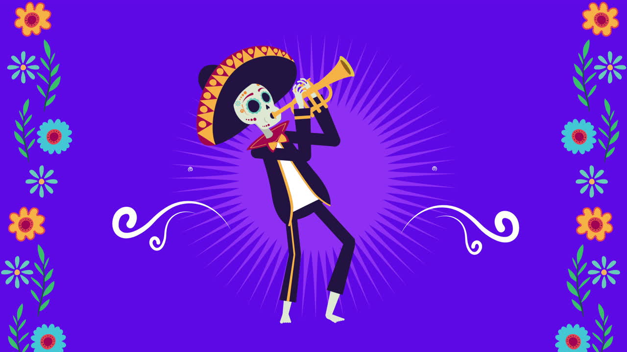 viva méxico animación con cráneo mariachi tocando la trompeta