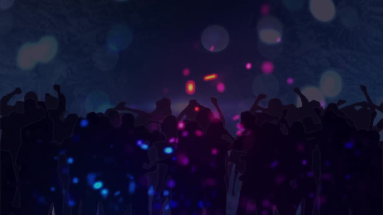 Animation of colourful light projections over dancing crowd, with white spotlights