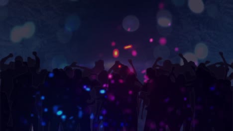 Animation-of-colourful-light-projections-over-dancing-crowd,-with-white-spotlights