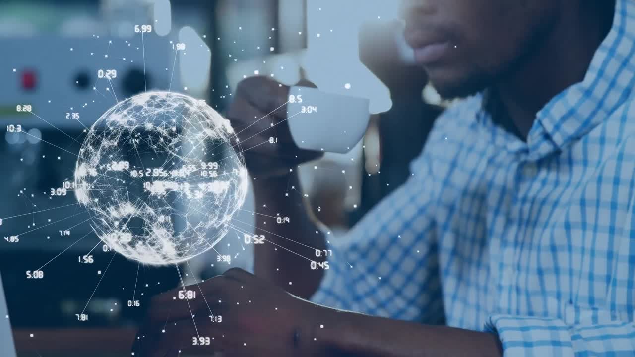 Animation of globe with connections over african american man using laptop