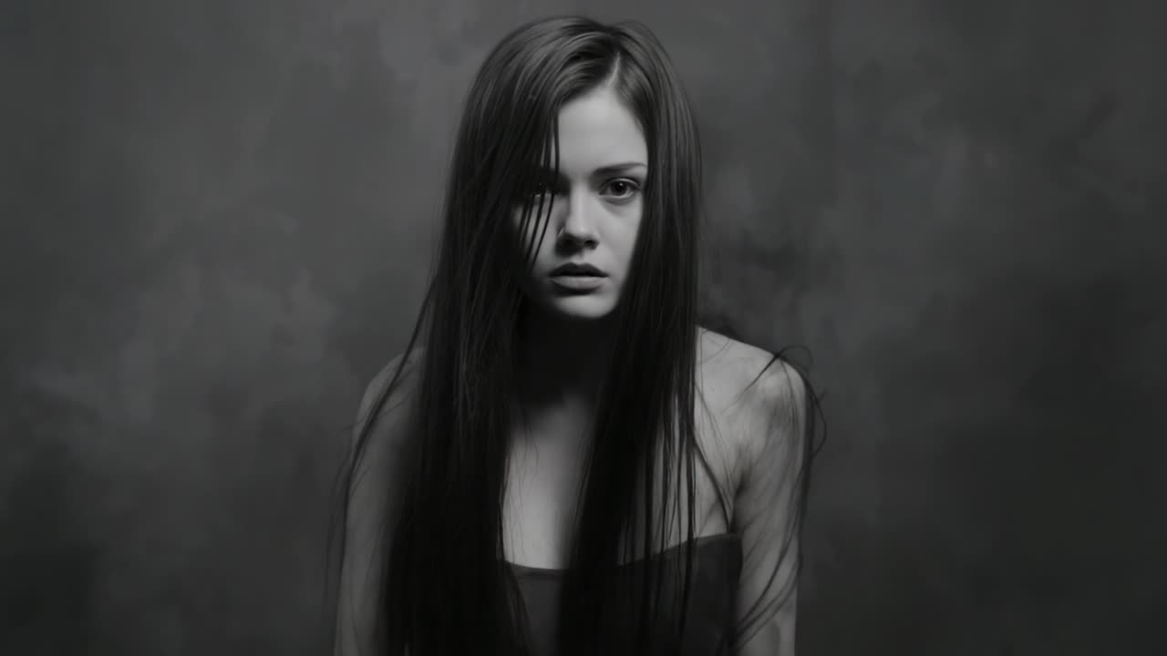 Rising model in strapless top lifting head and stepping forward from mist, revealing face