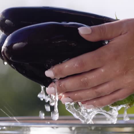 Hands-hold-a-few-eggplant-washed-in-a-bucket