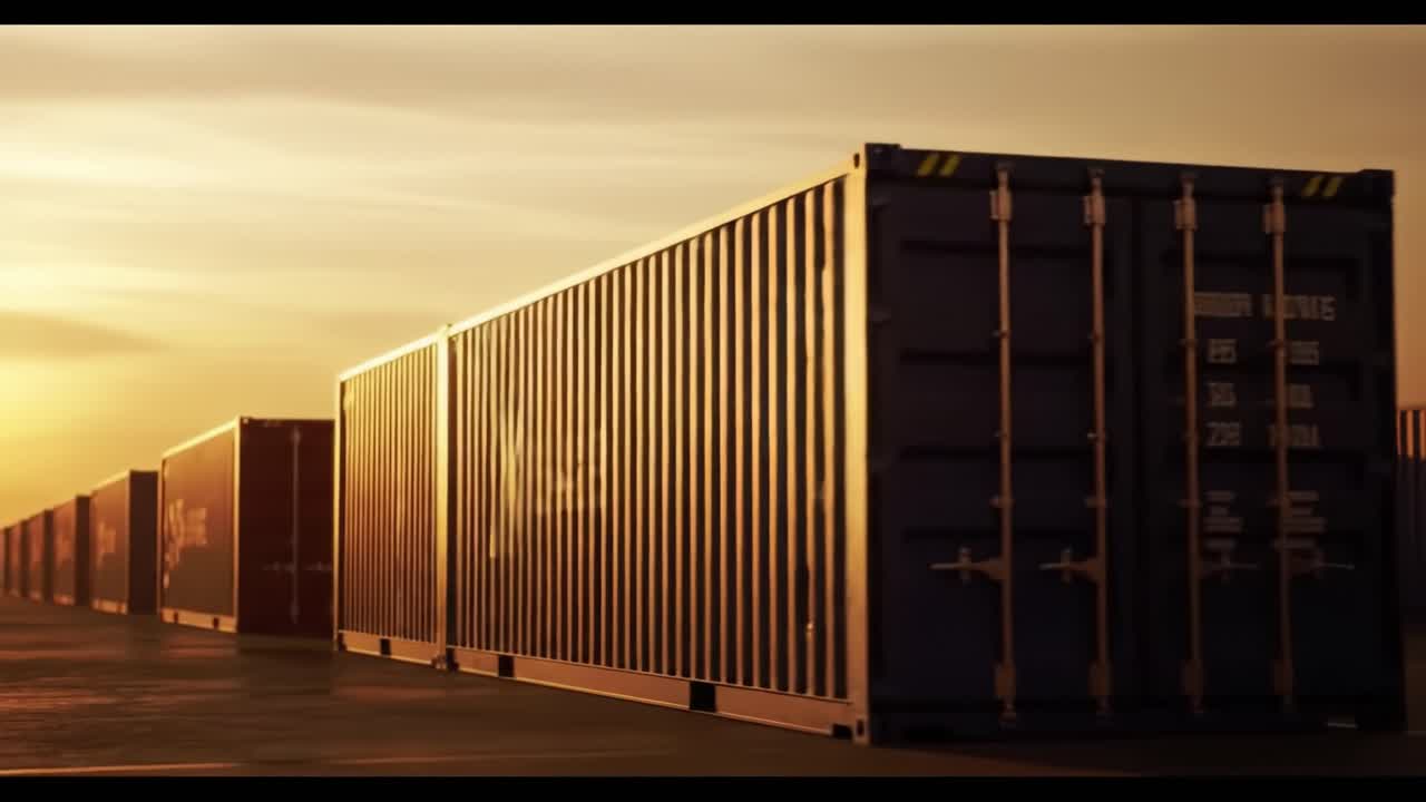 A row of shipping containers is illuminated by the warm glow of the setting sun. The scene captures the industrial atmosphere of the warehouse district as day transitions to night.