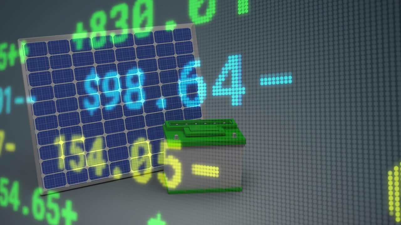 태양열 패널 위의 금융 데이터와 그래프의 애니메이션
