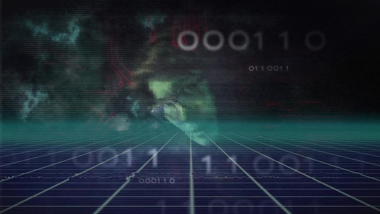 Schermo scuro che sfuma in una griglia al neon, formando un volto digitale con bit scorrevoli che mostrano la nascita