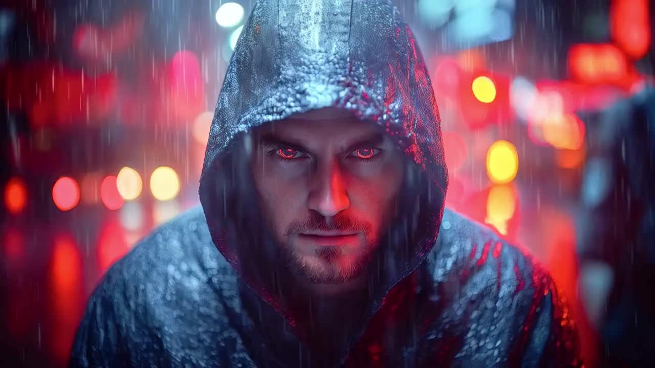 A man in a hoodie with red eyes in a city street at night