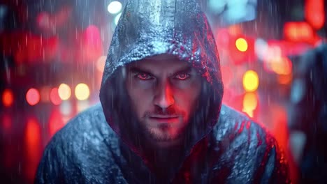 a man in a hoodie with red eyes in a city street at night