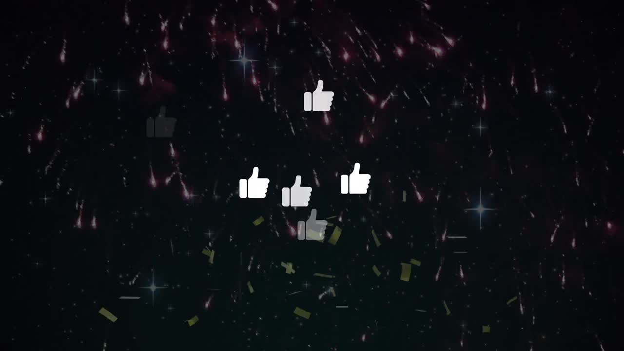 Animation of media icons and confetti on black background