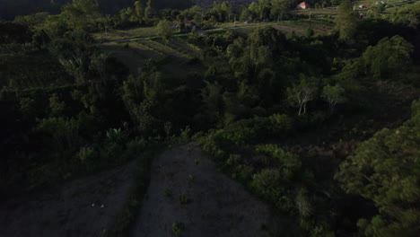 Aufschlussreiche-Luftaufnahme-Auf-Bali,-Die-Auf-Einen-Von-Wald-Und-Verbrannten-Bäumen-Umgebenen-Vulkan-Zufliegt