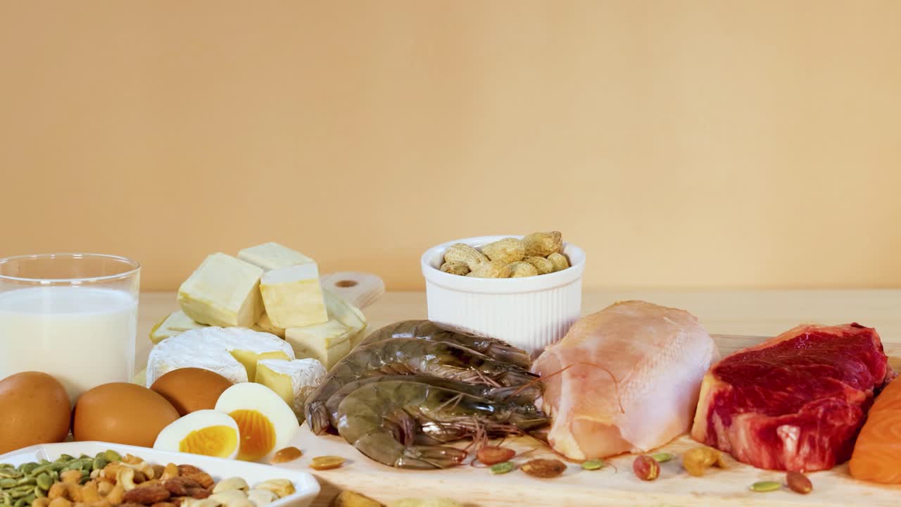 고기, 해산물, 유제품 및 견과류를 포함한 다양한 단백질이 풍부한 음식이 부드러운 조명으로 테이블에 끔하게 배열되어 있습니다.