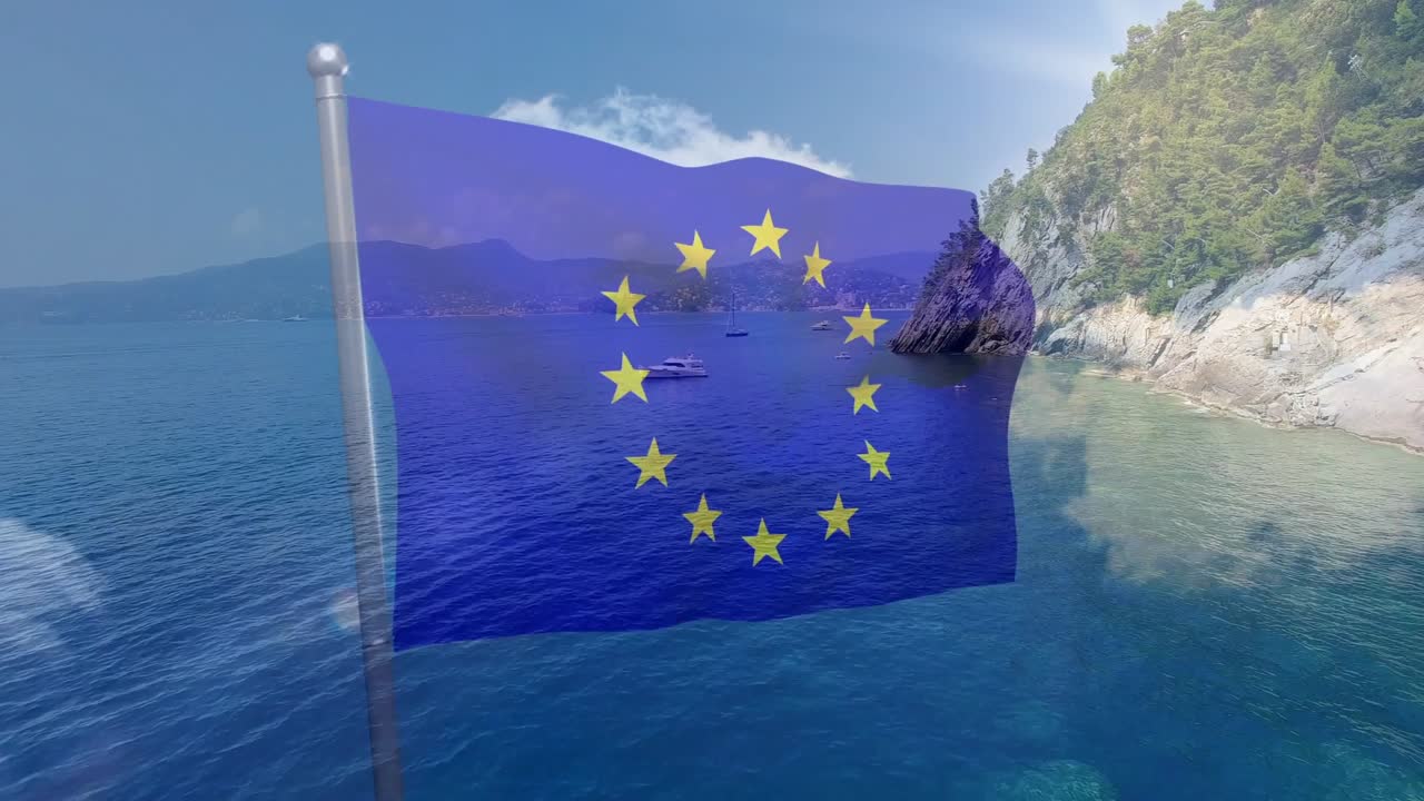 EU-flag blafrer og bølger på en stang, gennemsigtigt afslørende et havlandskab på grund af en let brise