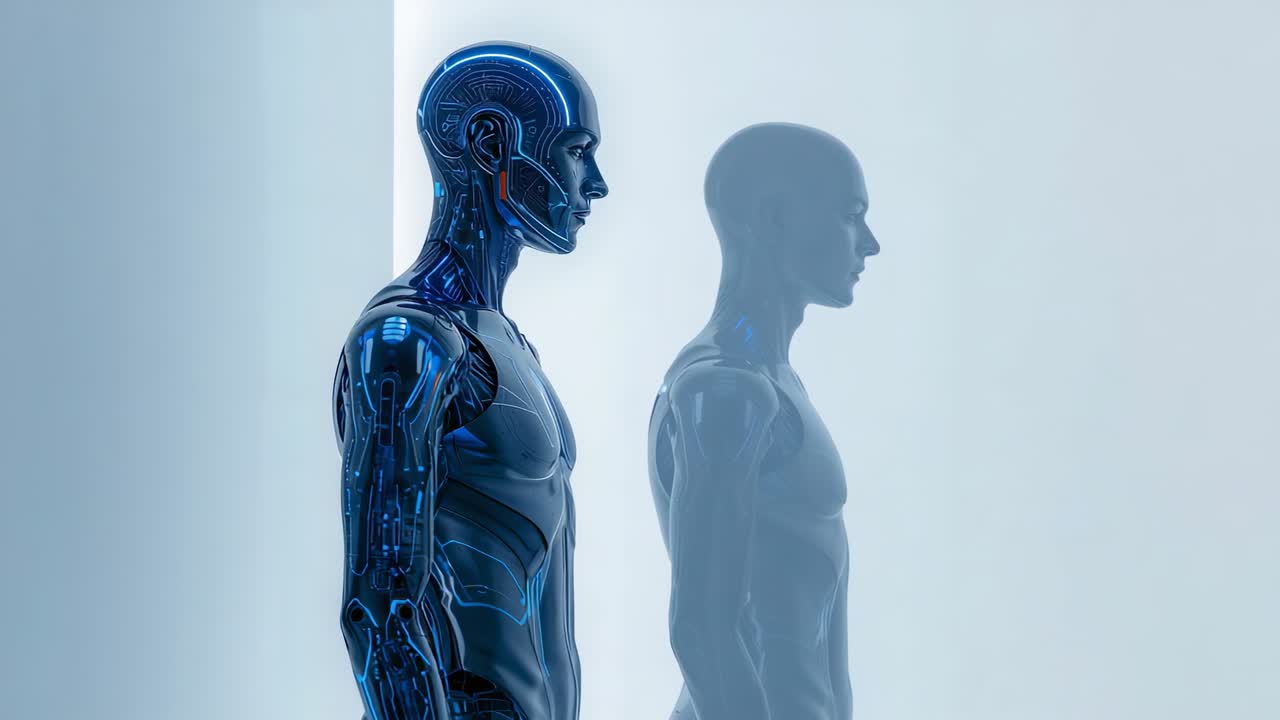 Activating via power signal blue humanoid robot pulsing LEDs in lab, revealing ghostlike form