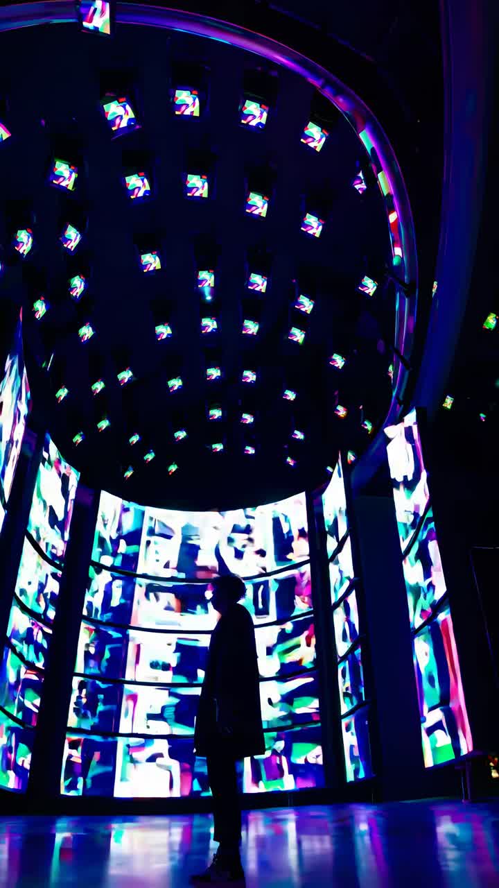 Silhouette of a person in a futuristic room with vibrant video screens