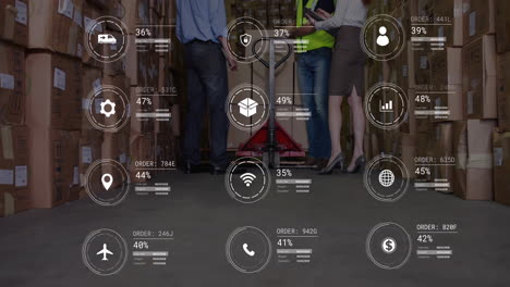 Animation-of-icons-with-data-processing-over-diverse-workers-in-warehouse