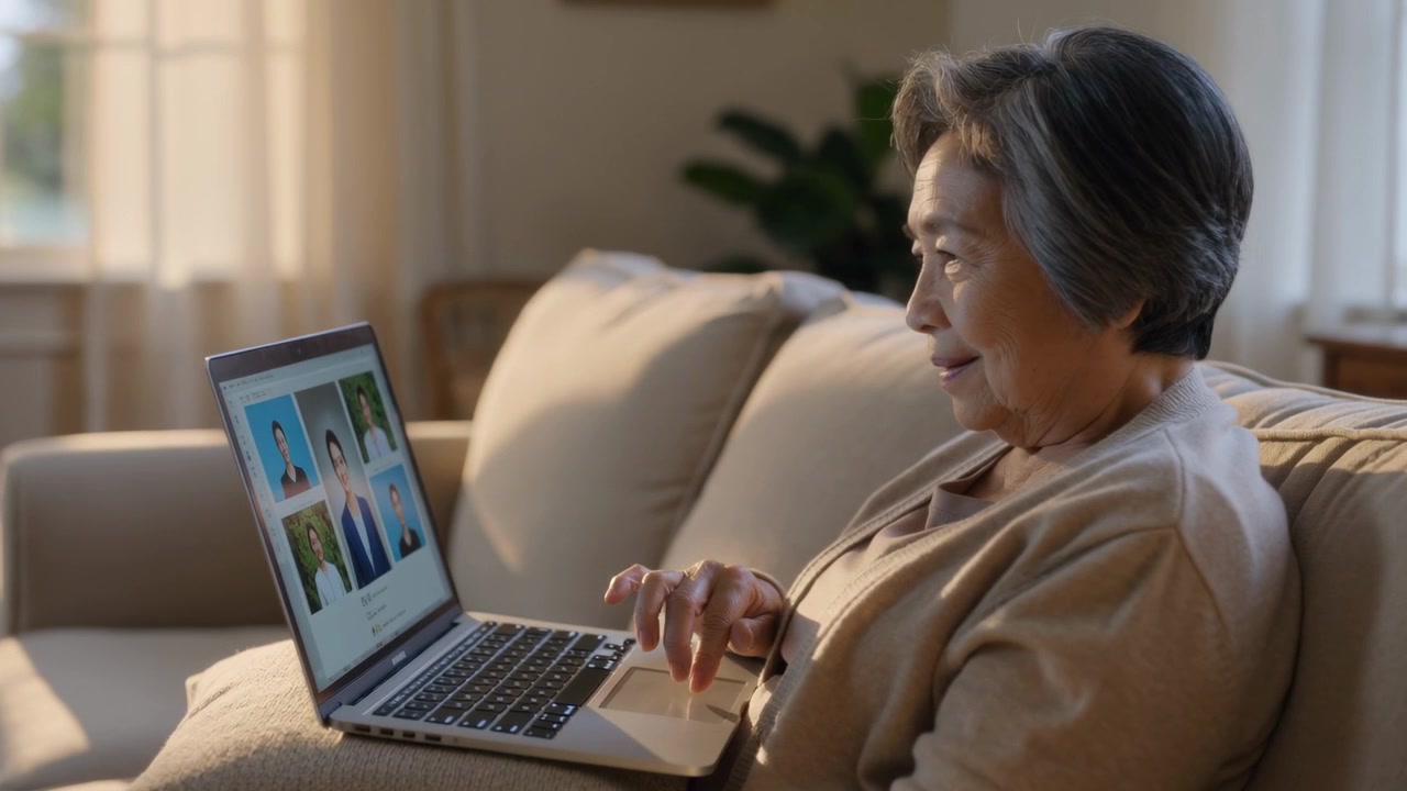 Seeing laptop, senior Asian lady using trackpad selecting contact on sofa in cardigan, copy space