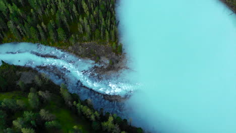 aerial view of a turquoise lake and river surrounded by a forest